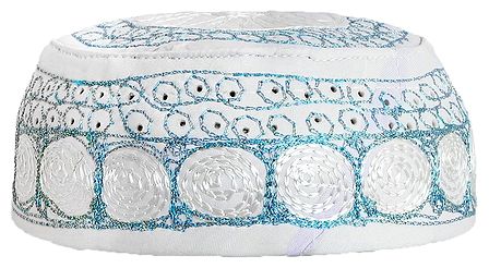 White Muslim Prayer Cap with Blue Embroidery