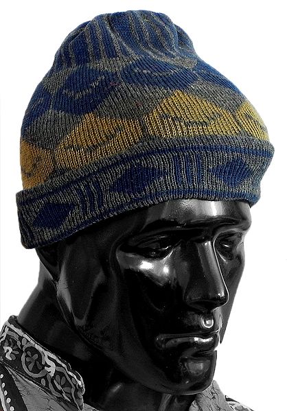 Grey, Blue and Yellow Woolen Gents Beanie Cap