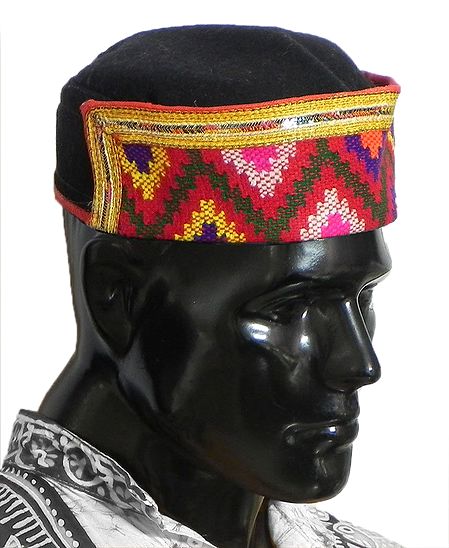 Gents Himachali Black Woolen Cap with Colorful Kullu Weaved Design in Front