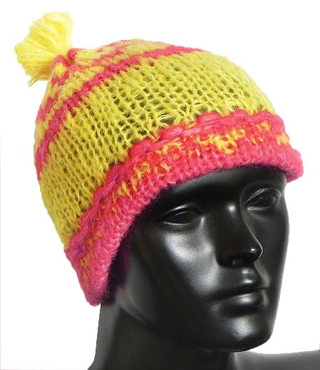 Yellow with Dark Pink Hand Knitted  Ladies Woolen Cap