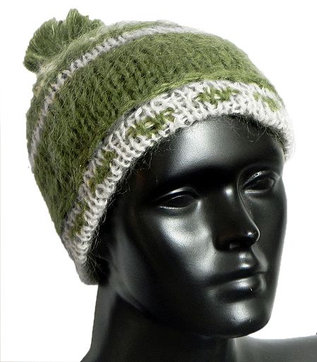 Olive Green with White Hand Knitted Unisex Woolen Cap