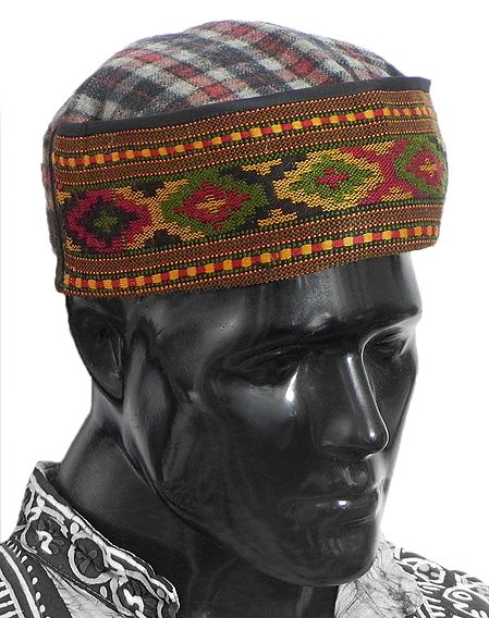 Mens Himachali Check Woolen Cap with Kullu Weaved Design in Front