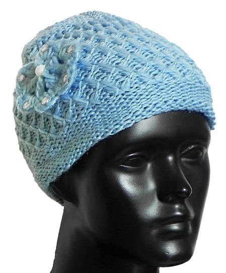 Ladies Hand Knitted Blue Woolen Beanie Cap