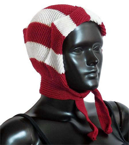 White with Red Ladies Woolen Scarf Cap