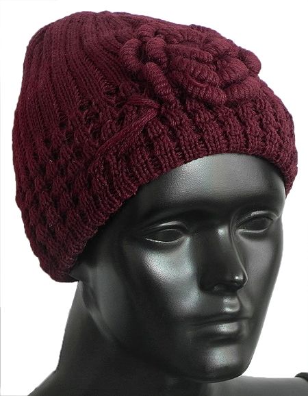 Ladies Hand Knitted Maroon Beanie Woolen Hat