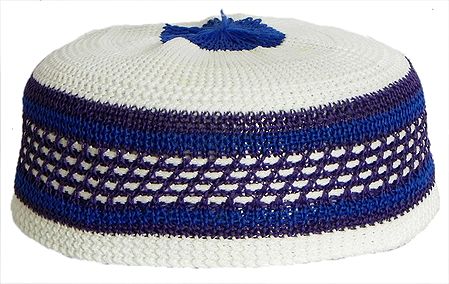 White With Blue and Black Knitted Muslim Prayer Cap