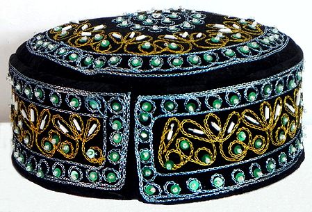 Black Muslim Prayer Cap with Bead and Sequin Embroidery