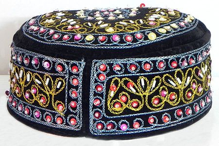 Black Muslim Prayer Cap with Bead and Sequin Embroidery