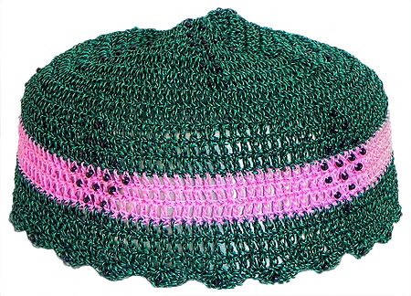 Green with Pink Crocheted Muslim Prayer Cap
