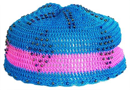 Blue with Pink Crocheted Muslim Prayer Cap