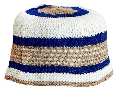 White, Blue, Biege Knitted Thread Muslim Prayer Cap