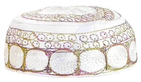 White Muslim Prayer Cap with Colored Embroidery