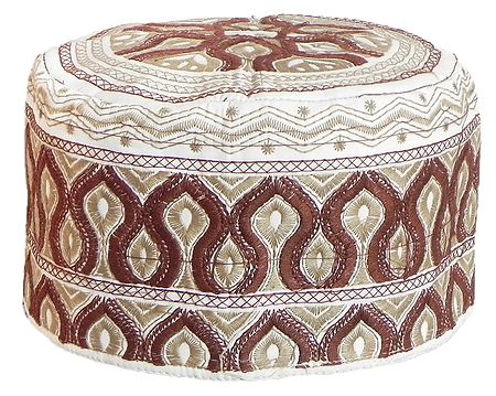White Muslim Prayer Cap with Brown Embroidery