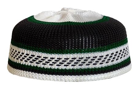 Black and White with Green Thread Knitted Muslim Prayer Cap