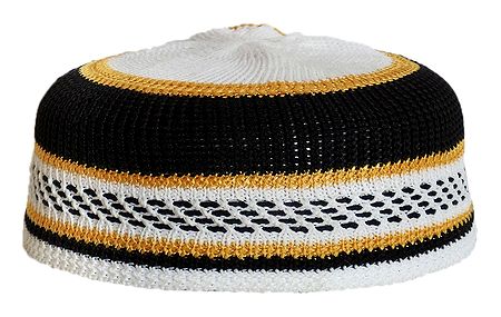 Black and White with Yellow Thread Knitted Muslim Prayer Cap