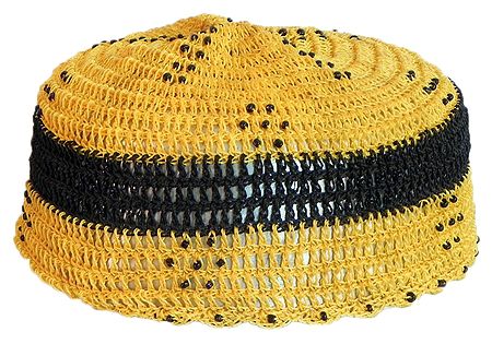 Yellow with Black Crocheted Muslim Prayer Cap