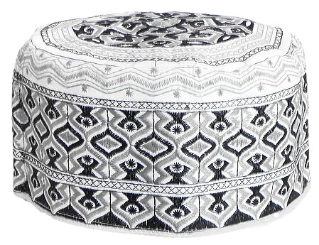 White Muslim Prayer Cap with Black and Grey Embroidery