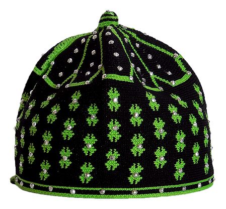 Black and Green Thread Knitted Muslim Kufi Topi