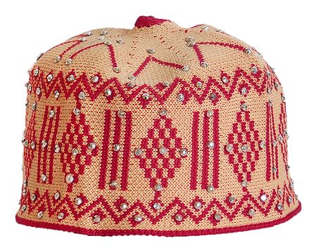 Beige and Red Thread Knitted Muslim Kufi Topi
