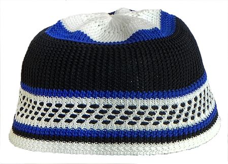 White with Blue and Black Knitted Thread Muslim Prayer Cap