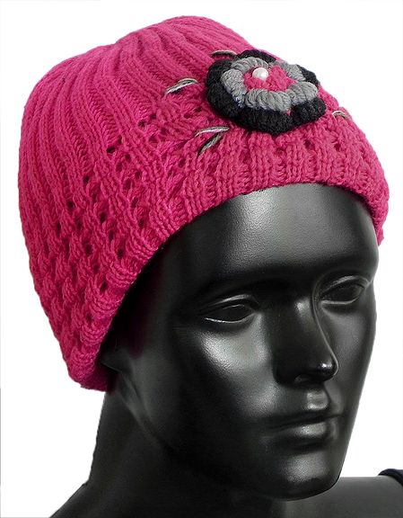 Ladies Hand Knitted Rose Pink Beanie Woolen Hat