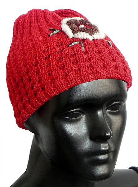 Ladies Hand Knitted Red Beanie Woolen Hat
