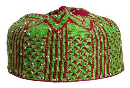 Green and Red Thread Knitted Muslim Kufi Topi