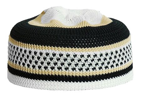 Black with Beige Stripe on White Knitted Muslim Skull Cap