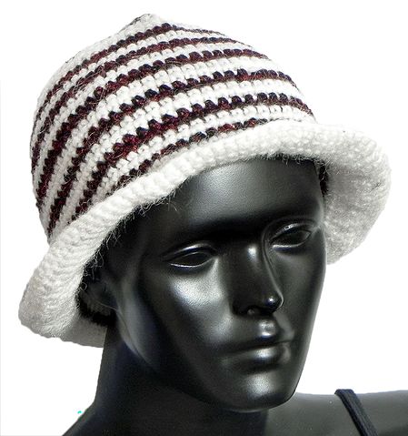 Hand Crocheted White with Dark Brown Stripe Ladies Woolen Hat