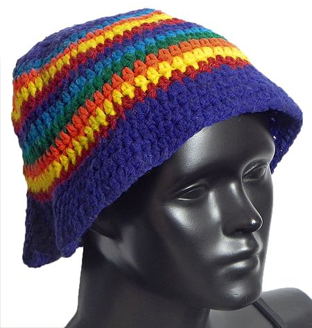 Hand Crocheted Multicolor Stripe Ladies Woolen Hat