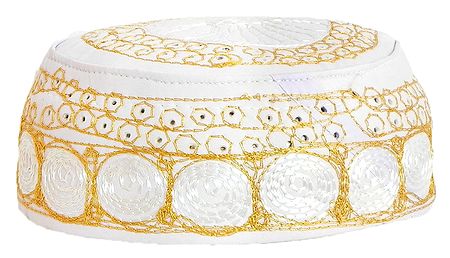 White Muslim Prayer Cap with Yellow Embroidery