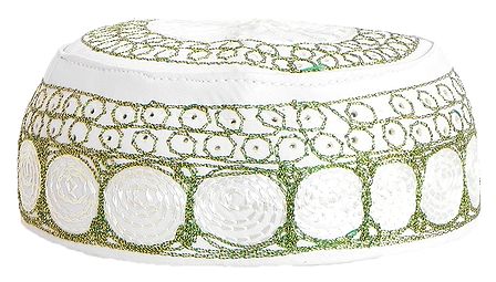 White Muslim Prayer Cap with Green Embroidery