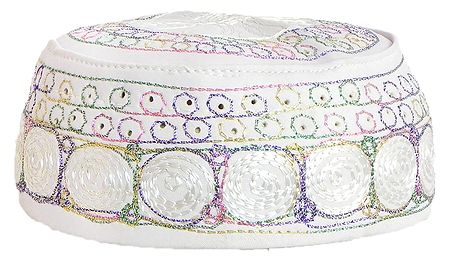 White Muslim Prayer Cap with Colored Embroidery