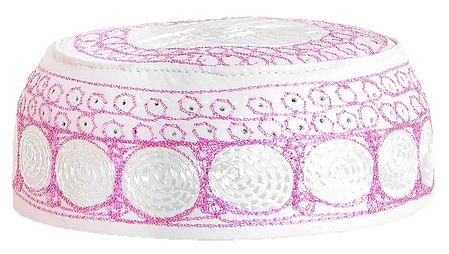 White Muslim Prayer Cap with Pink Embroidery