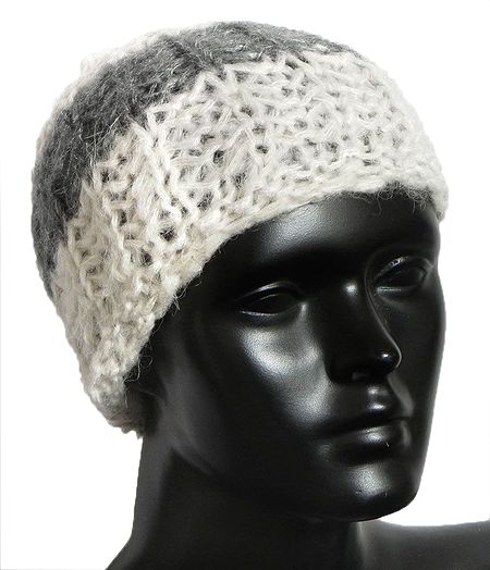 White with Grey Hand Knitted Unisex Woolen Cap