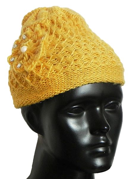 Ladies Hand Knitted Yellow Woolen Beanie Cap
