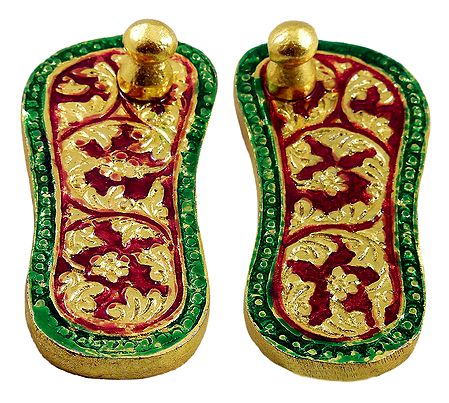 Red with Green Laquered Metal Deity Paduka