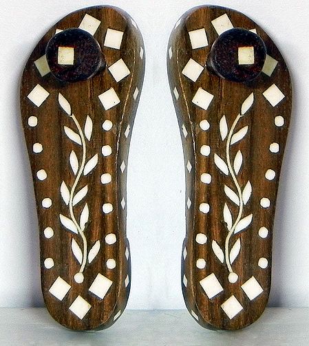 Wood Carved Paduka with Inlay Work for Puja