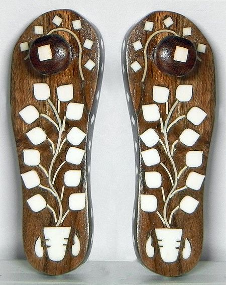 Wood Carved Paduka with Inlay Work for Puja