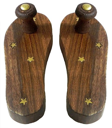 Wooden Paduka with Brass Inlay for Puja