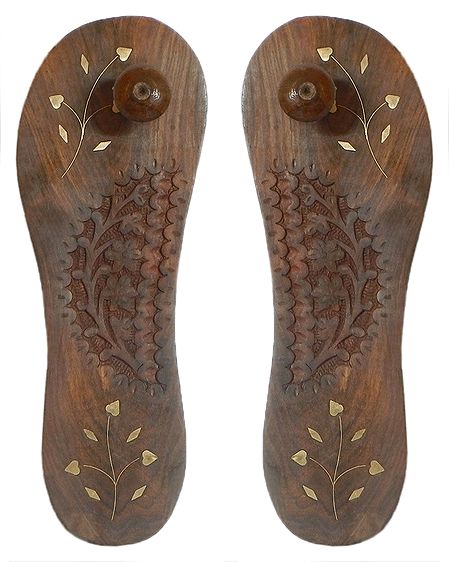 Wood Carved Paduka with Brass Inlay