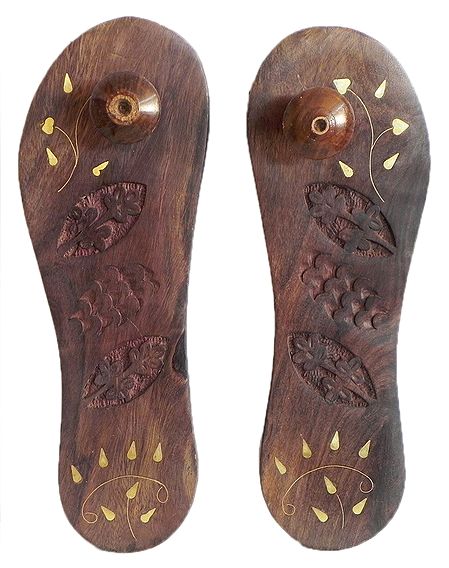 Wood Carved Paduka with Brass Inlay