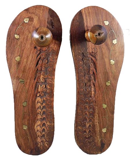 Carved Wooden Paduka with Brass Inlay