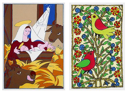 Mother Mary with Jesus and Birds - Set of 2 Small Poster