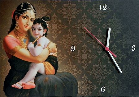 Wall Clock on Hardboard with Yashoda and Krishna Picture