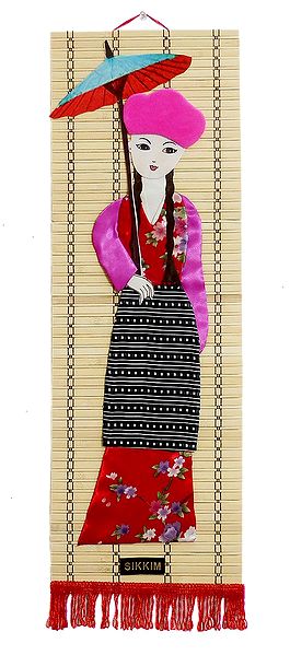Appliqued Cloth Girl with Umbrella on Woven Bamboo Strips - Wall Hanging