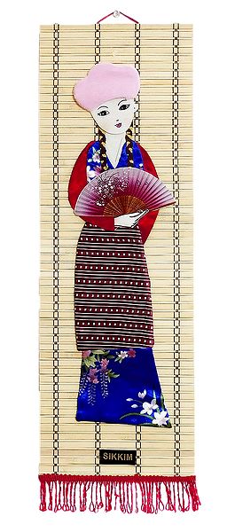Appliqued Cloth Girl with Fan on Woven Bamboo Strips - Wall Hanging