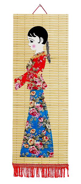 Appliqued Cloth Girl on Woven Bamboo Strips - Wall Hanging