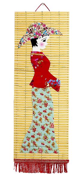 Appliqued Cloth Girl with Hat on Woven Bamboo Strips - Wall Hanging