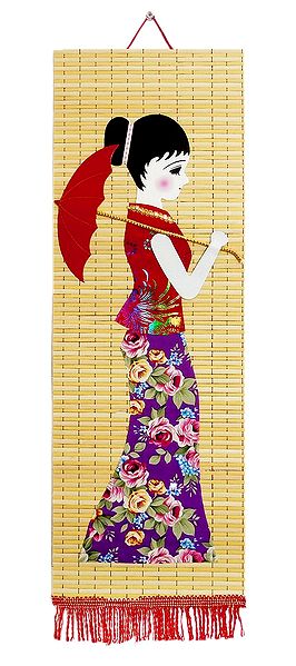 Appliqued Cloth Girl with Umbrella on Woven Bamboo Strips - Wall Hanging